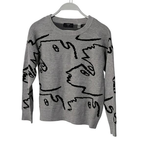 TAHARI FACE-GRAPHIC CREWNECK SWEATER GRAY/BLACK WOMENS XSMALL NEW - Picture 3 of 10